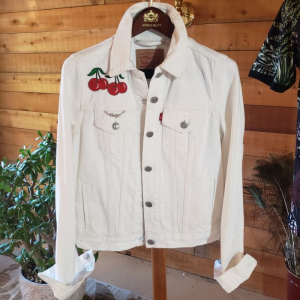 Cherry Me Silly Upcycled Denim Jacket- Ladies Small