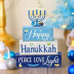 Wood Menorah Star of David Candles Block 3