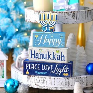 Wood Menorah Star of David Candles Block 6